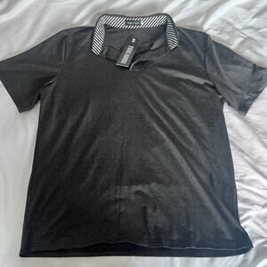 Yong Horse Men’s Polo Shirt XXL Black Gray Striped Collar Short Sleeve NWT
